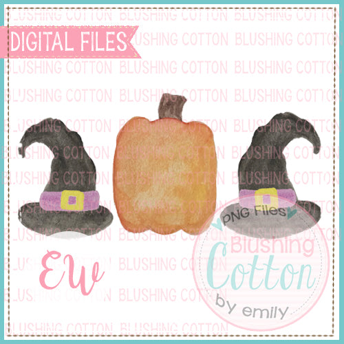 PUMPKIN BLANK AND WITCH HATS TRIO DESIGN WATERCOLOR PNG BCEW