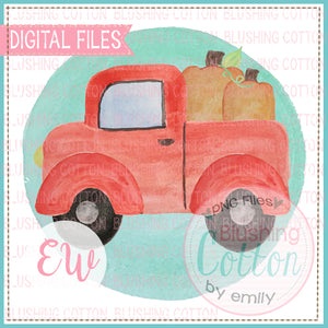 RED TRUCK WITH PUMPKINS WITH GREEN BACKGROUND DESIGN WATERCOLOR PNG BCEW
