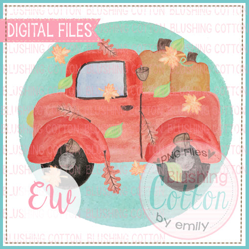 RED TRUCK WITH PUMPKINS WITH BLUE BACKGROUND AND FALLING LEAVES DESIGN WATERCOLOR PNG BCEW