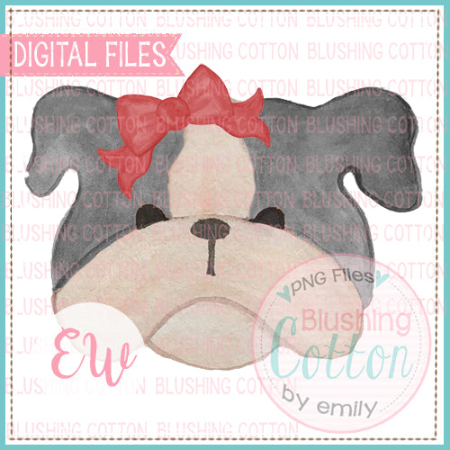 BULLDOG GREY WITH RED BOW WATERCOLOR DESIGN PNG DIGITAL FILE BCEW