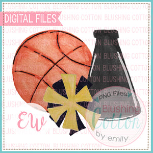 BASKETBALL MEGAPHONE POMPOM BLACK AND GOLD WATERCOLOR DESIGN IN DIGITAL PNG FILE FOR PRINTING AND OTHER CRAFTS BCEW