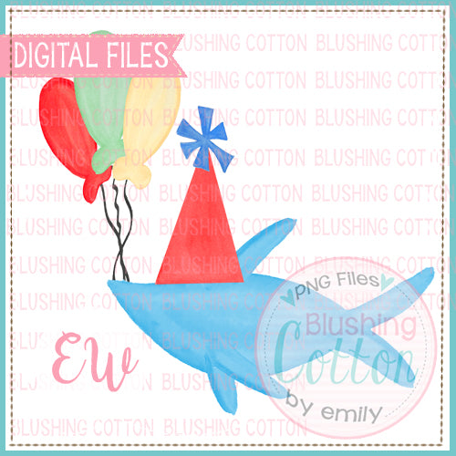 DR BIRTHDAY BLUE FISH WITH BIRTHDAY HAT AND BALLOONS WATERCOLOR DESIGN BCEW