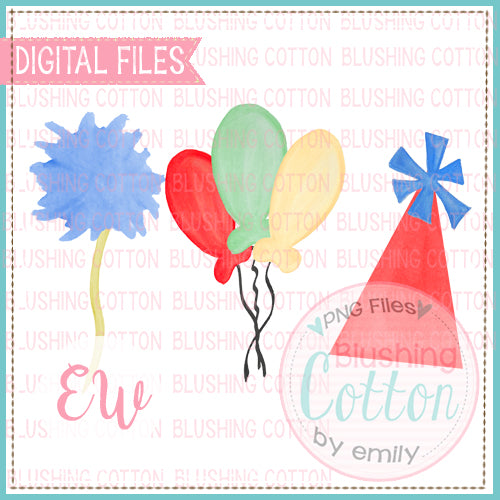 DR BIRTHDAY HAT BALLOONS AND POMPOM FLOWERS WATERCOLOR DESIGN BCEW