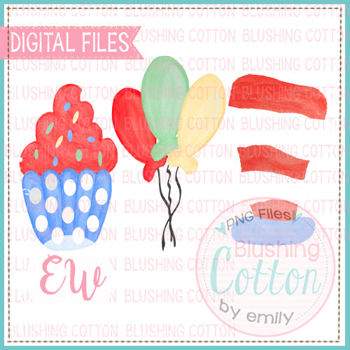 RED AND WHITE STRIPED HAT BALLOONS AND CUPCAKE WATERCOLOR DESIGN BCEW