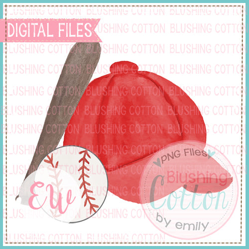 BASEBALL CAP CRIMSON BAT AND BASEBALL WATERCOLOR DESIGN BCEW