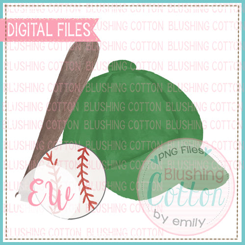 BASEBALL CAP DARK GREEN BAT AND BASEBALL WATERCOLOR DESIGN BCEW