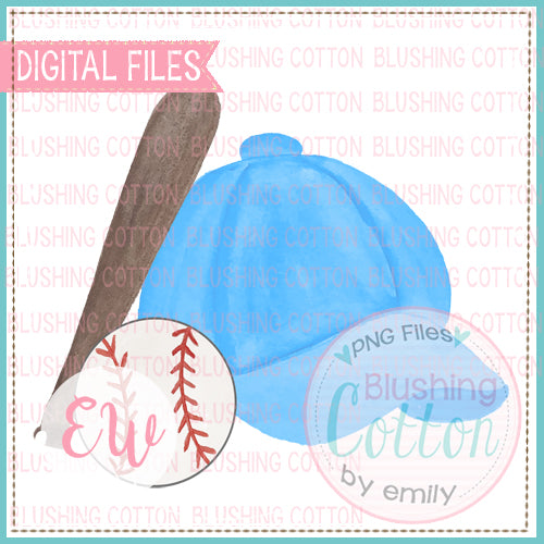 BASEBALL CAP LIGHT BLUE BAT AND BASEBALL WATERCOLOR DESIGN BCEW