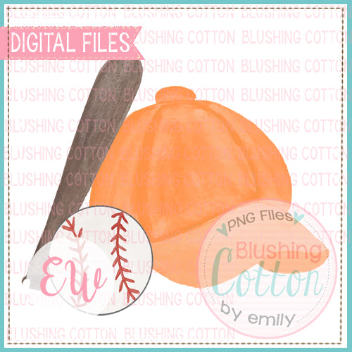 BASEBALL CAP ORANGE BAT AND BASEBALL WATERCOLOR DESIGN BCEW