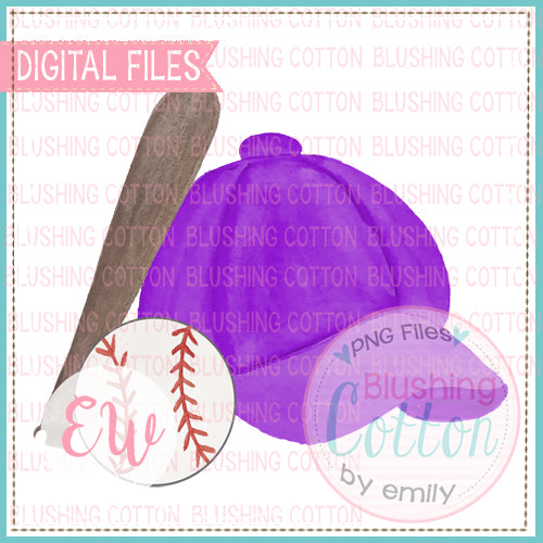 BASEBALL CAP PURPLE BAT AND BASEBALL WATERCOLOR DESIGN BCEW