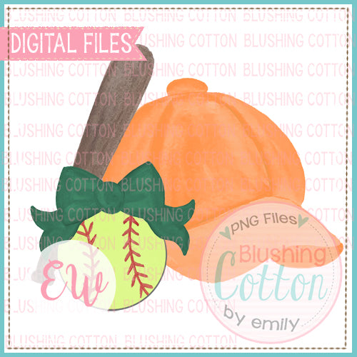 SOFTBALL CAP ORANGE DARK GREEN BOW BAT SOFTBALL DESIGN BCEW