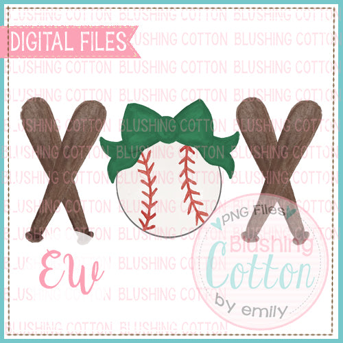 BASEBALL DARK GREEN BOW BATS TRIO WATERCOLOR DESIGN BCEW