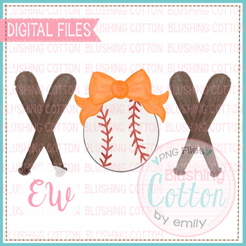 BASEBALL ORANGE BOW BATS TRIO WATERCOLOR DESIGN BCEW