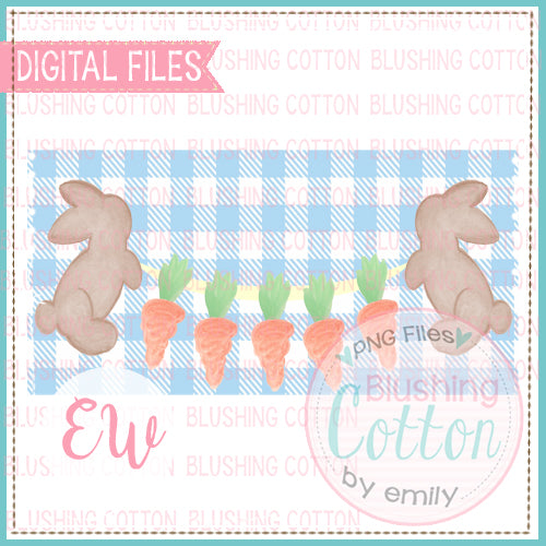 BROWN BUNNIES CARROT BANNER BLUE CHECK RECTANGLE WATERCOLOR DESIGN BCEW