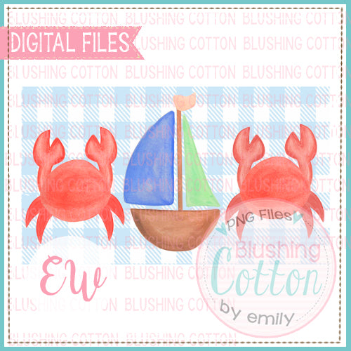 CRAB AND SAILBOAT TRIO ON BLUE CHECK RECTANGLE WATERCOLOR DESIGN BCEW