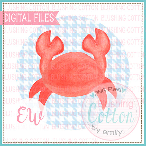 RED CRAB ON SOFT BLUE CHECK CIRCLE WATERCOLOR DESIGN BCEW