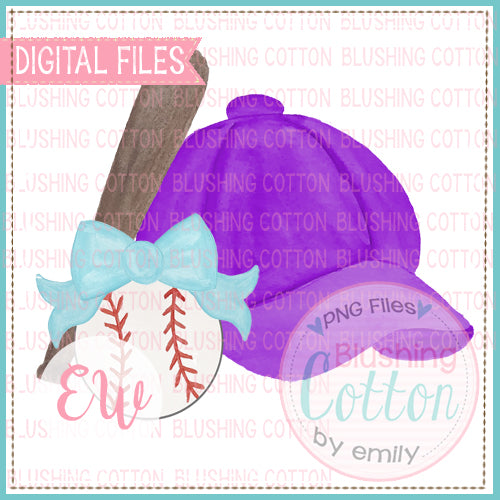 BASEBALL CAP PURPLE AQUA BOW BASEBALL WATERCOLOR DESIGN BCEW