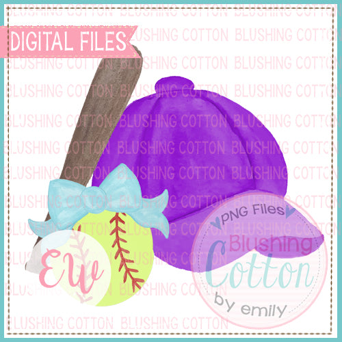 BASEBALL CAP PURPLE BOW TEAL SOFTBALL WATERCOLOR DESIGN BCEW