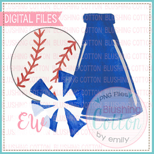 BASEBALL MEGAPHONE POMPOMS ROYAL BLUE AND WHITE WATERCOLOR DESIGN BCEW