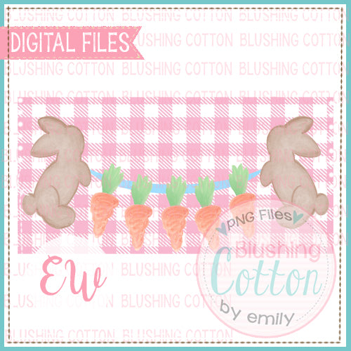 BROWN BUNNIES CARROT BANNER PINK CHECKED RECTANGLE WATERCOLOR DESIGN BCEW