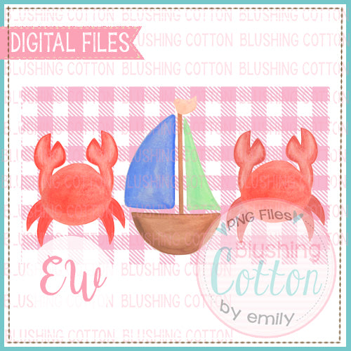 CRAB SAIL BOAT TRIO ON PINK CHECKED RECTANGLE WATERCOLOR DESIGN BCEW