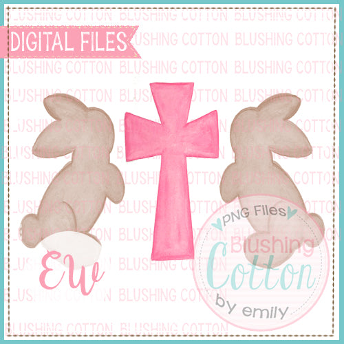 BROWN BUNNIES PINK CROSS WATERCOLOR DESIGN BCEW