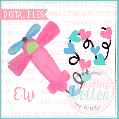 VALENTINES DAY PINK AIRPLANE WITH HEARTS WATERCOLOR DESIGN BCEW