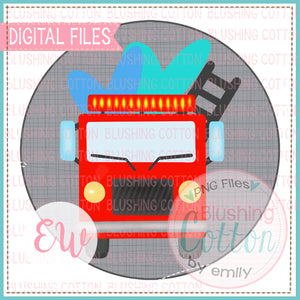 FIRETRUCK OF LOVE WITH GRAY CRISS CROSS CIRCLE BACKGROUND WATERCOLOR DESIGN BCEW