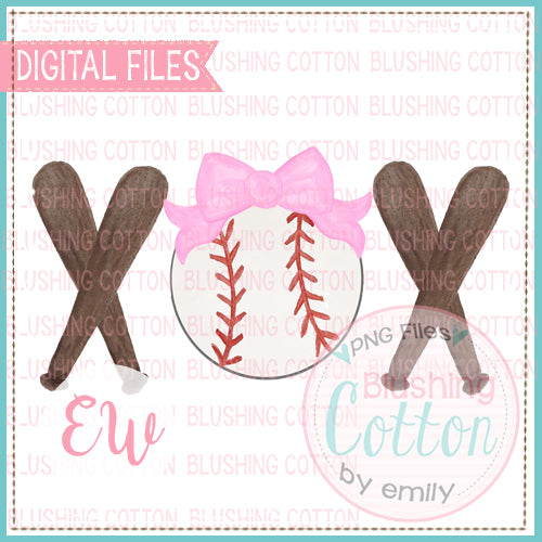 BASEBALL BAT TRIO PINK BOW WATERCOLOR DESIGN BCEW