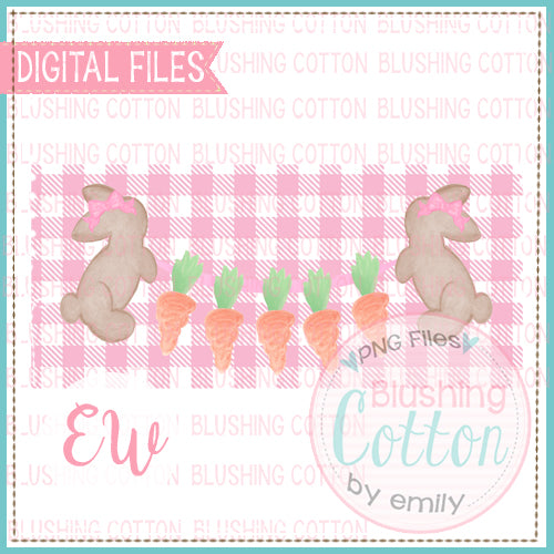 BROWN BUNNIES PINK BOWS CARROT BANNER WITH PINK CHECK BACKGROUND BCEW