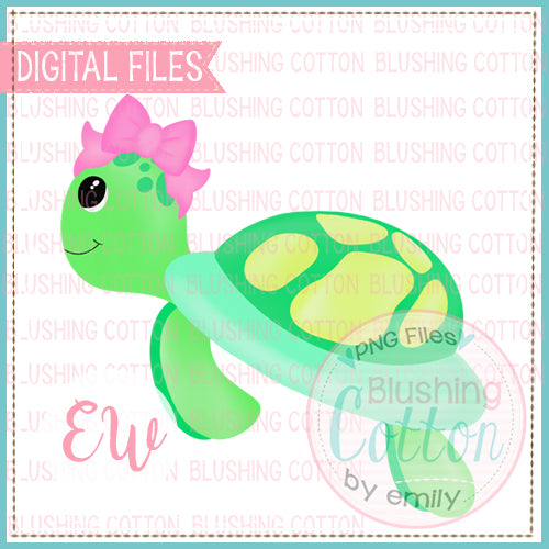 SWIMMING TURTLE PINK BOW WATERCOLOR DESIGN BCEW