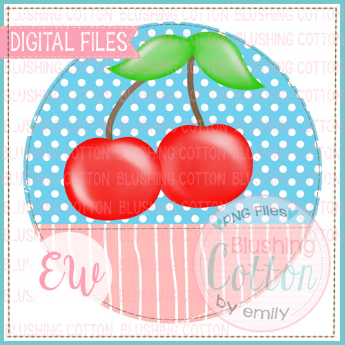 CHERRIES BLUE DOT CIRCLE FRAME WATERCOLOR DESIGN  BCEW