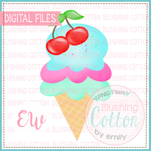 ICE CREAM CONE WITH CHERRIES ON TOP WATERCOLOR DESIGN  BCEW