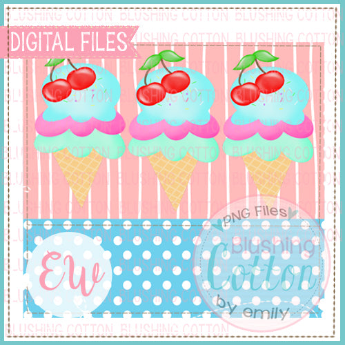 ICE CREAM CONE WITH CHERRIES ON TOP FRAME WATERCOLOR DESIGN  BCEW