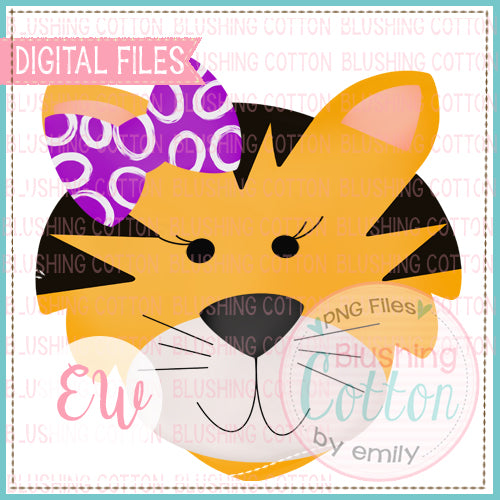 TIGER FACE WITH PURPLE BOW WATERCOLOR PNG BCEW