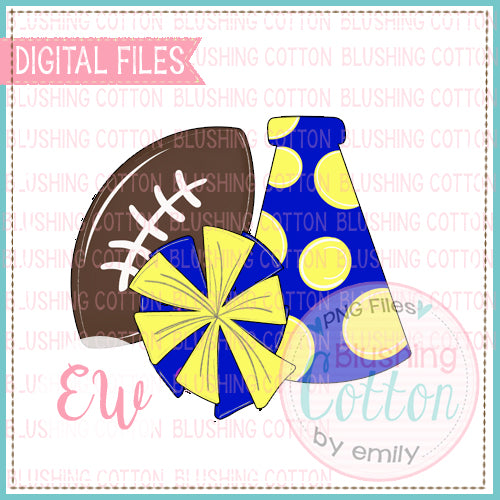 FOOTBALL MEGAPHONE ROYAL BLUE AND YELLOW DOTS  WATERCOLOR PNG BCEW