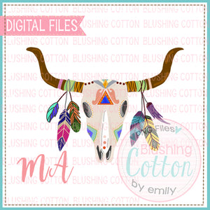 BULL SKULL WITH FEATHERS WATERCOLOR DESIGN BCMA