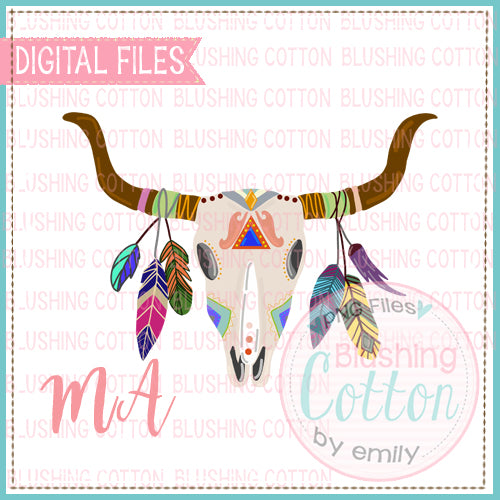 BULL SKULL WITH FEATHERS WATERCOLOR DESIGN BCMA
