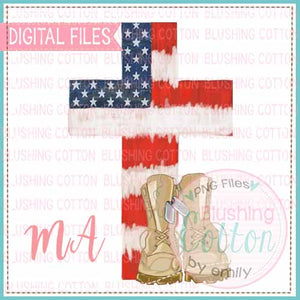 STARS AND STRIPES CROSS WITH ARMY BOOTS WATERCOLOR DESIGN BCMA