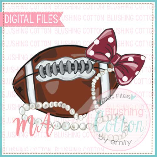 FOOTBALL MAROON POLKA DOT BOW AND PEARLS WATERCOLOR DESIGN BCMA