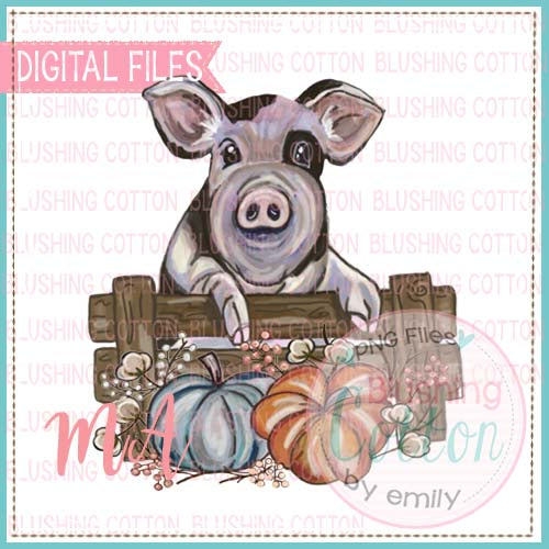 PIG WITH BLACK SPOTS OVER FENCE WITH PUMPKINS BCMA