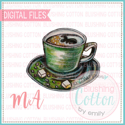 COFFEE CUP WITH COFFEE AND SUGAR WATERCOLOR DESIGN BCMA