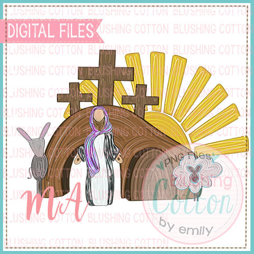 Jesus With Tomb and Sun With Animals Watercolor PNG Design    BCMA