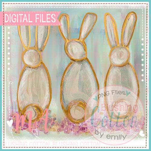 Gold Bunny Trio with Pink Flowers PNG Watercolor Design   BCMA