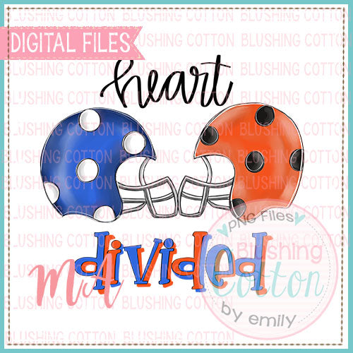 Heart Divided Football Helmets Blue and Orange Version 2 Watercolor PNG Design   BCMA