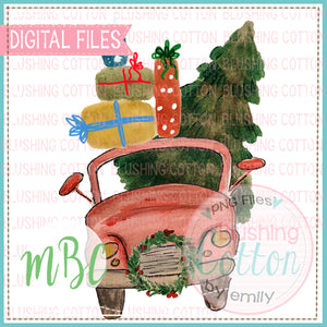 RED CAR CHRISTMAS TREE WATERCOLOR DESIGN BCMC