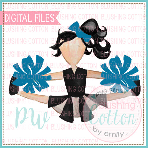 CHEERLEADER BLACK HAIR BLACK AND TURQUOISE UNIFORM    BCPW