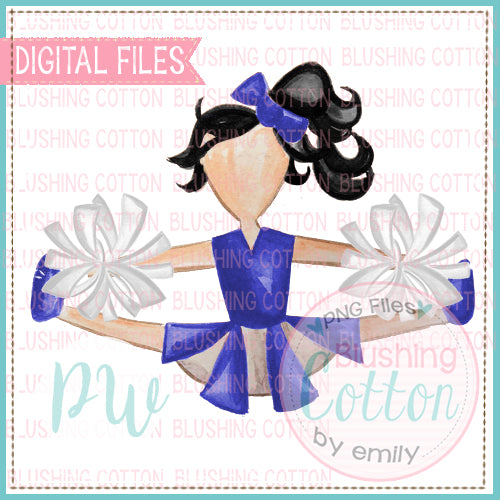 CHEERLEADER ROYAL BLUE AND WHITE WITH BLACK HAIR WATERCOLOR DESIGN DIGITAL FILE BCPW