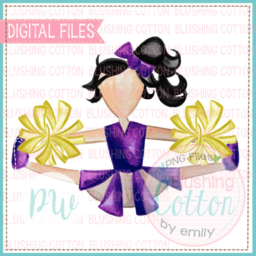 CHEERLEADER BLACK HAIR WITH PURPLE AND YELLOW DESIGN WATERCOLOR PNG BCPW