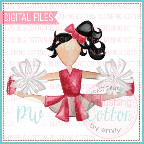 CHEERLEADER RED AND WHITE WITH BLACK HAIR WATERCOLOR PNG BCPW
