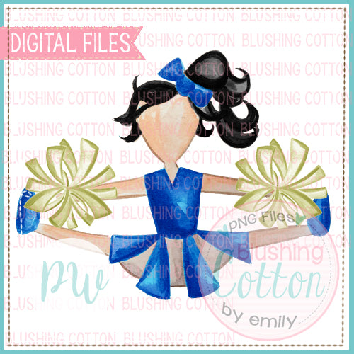 CHEERLEADER BLACK HAIR WITH ROYAL BLUE AND GOLD DESIGN WATERCOLOR PNG BCPW